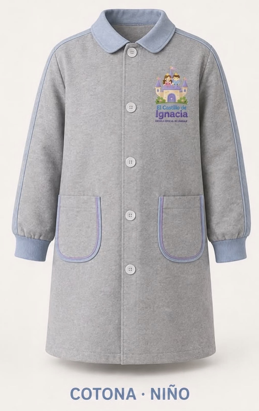 Cotona gris de niño del uniforme 2027 con cuello y puños celestes