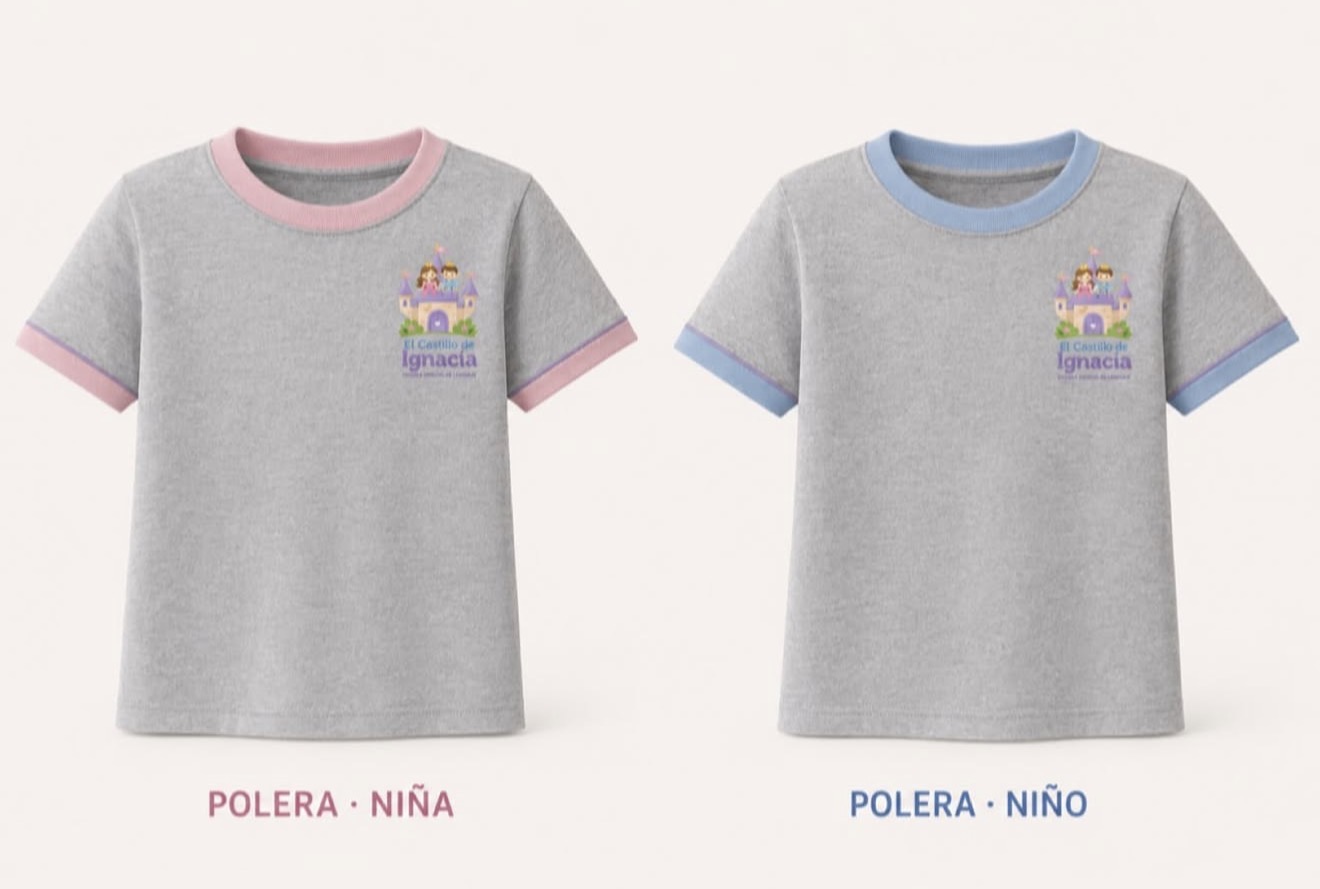Poleras grises del uniforme 2027 con detalles rosados y celestes